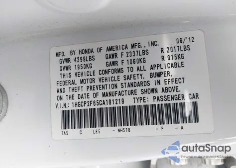 2012 Honda Accord 2.4 Se from USA, damaged, VIN 1HGCP2F65CA191219
